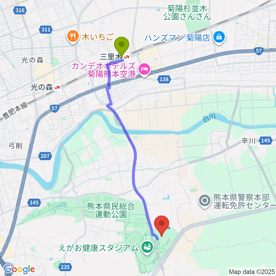 三里木駅からパークドーム熊本へのルートマップ地図