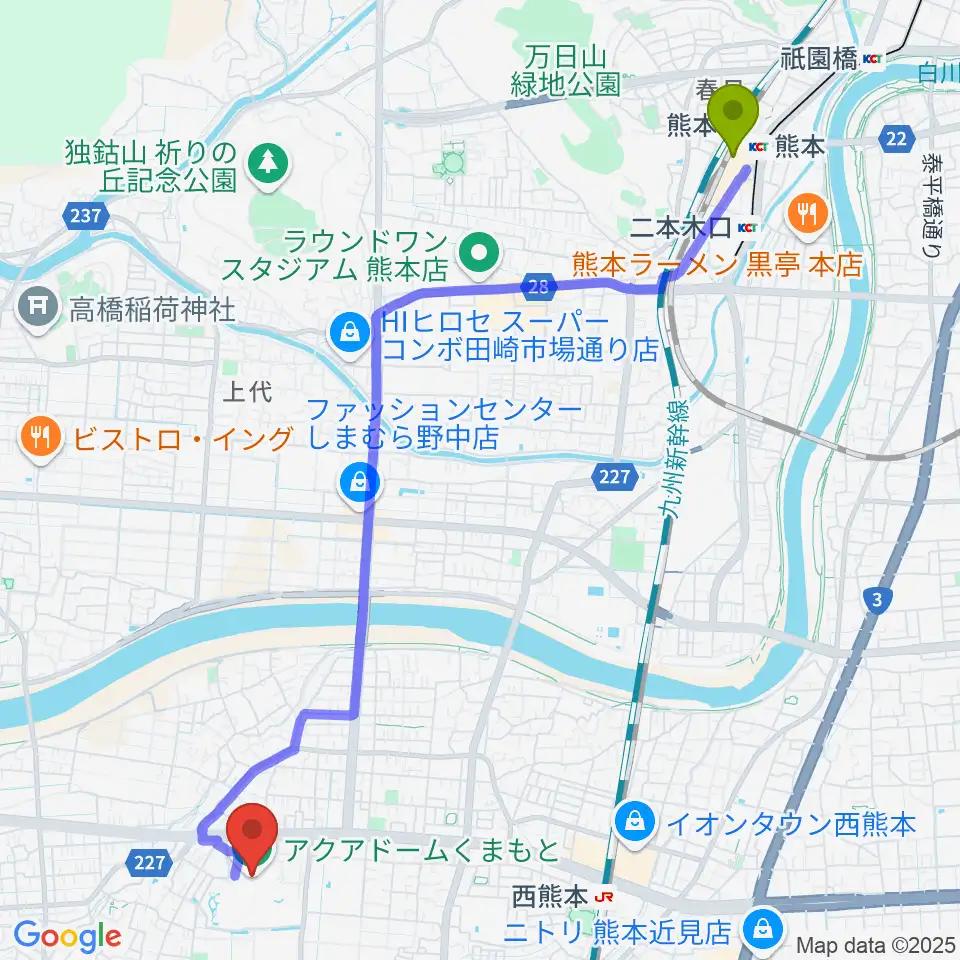 熊本駅からアクアドームくまもとへのルートマップ地図