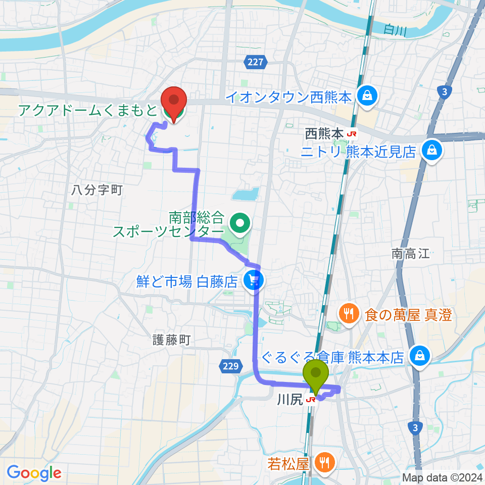 川尻駅からアクアドームくまもとへのルートマップ地図