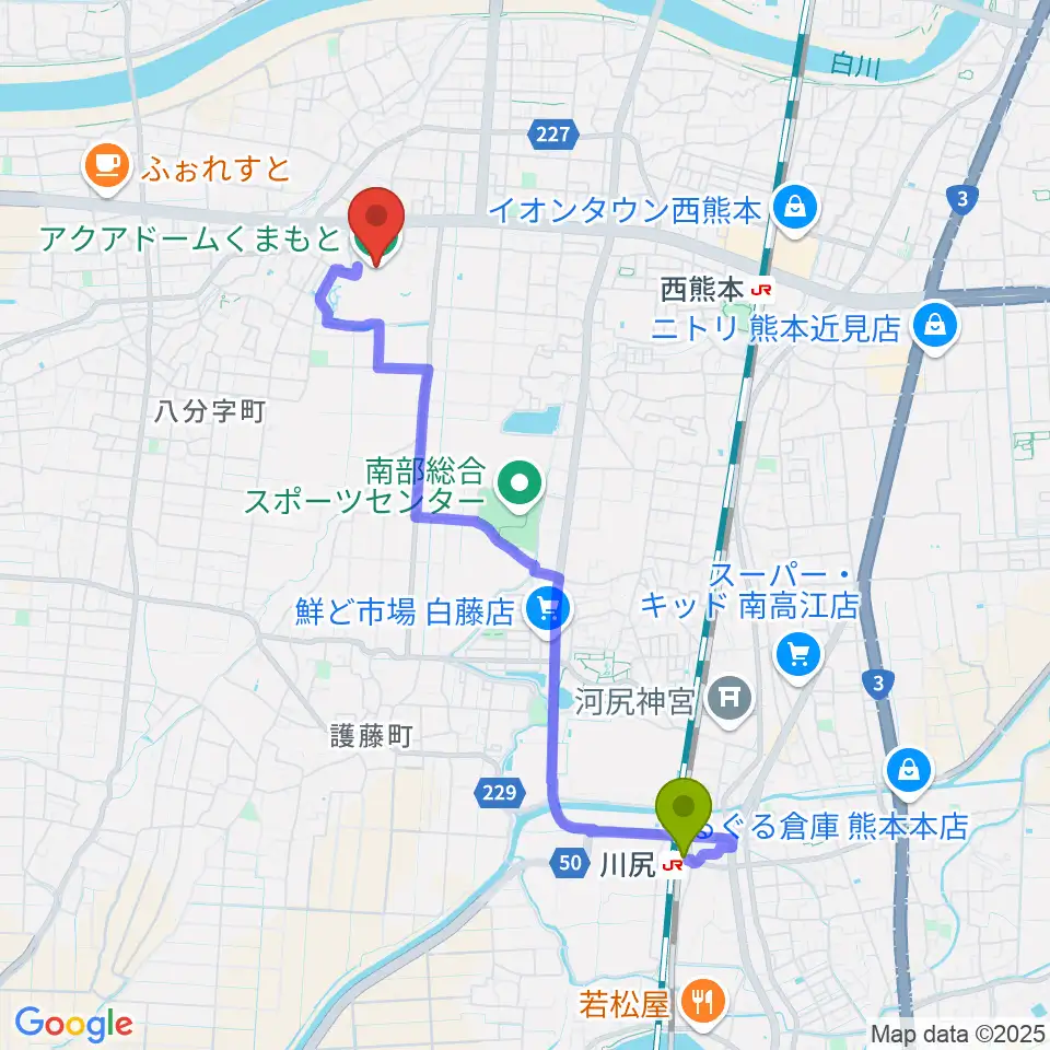 川尻駅からアクアドームくまもとへのルートマップ地図