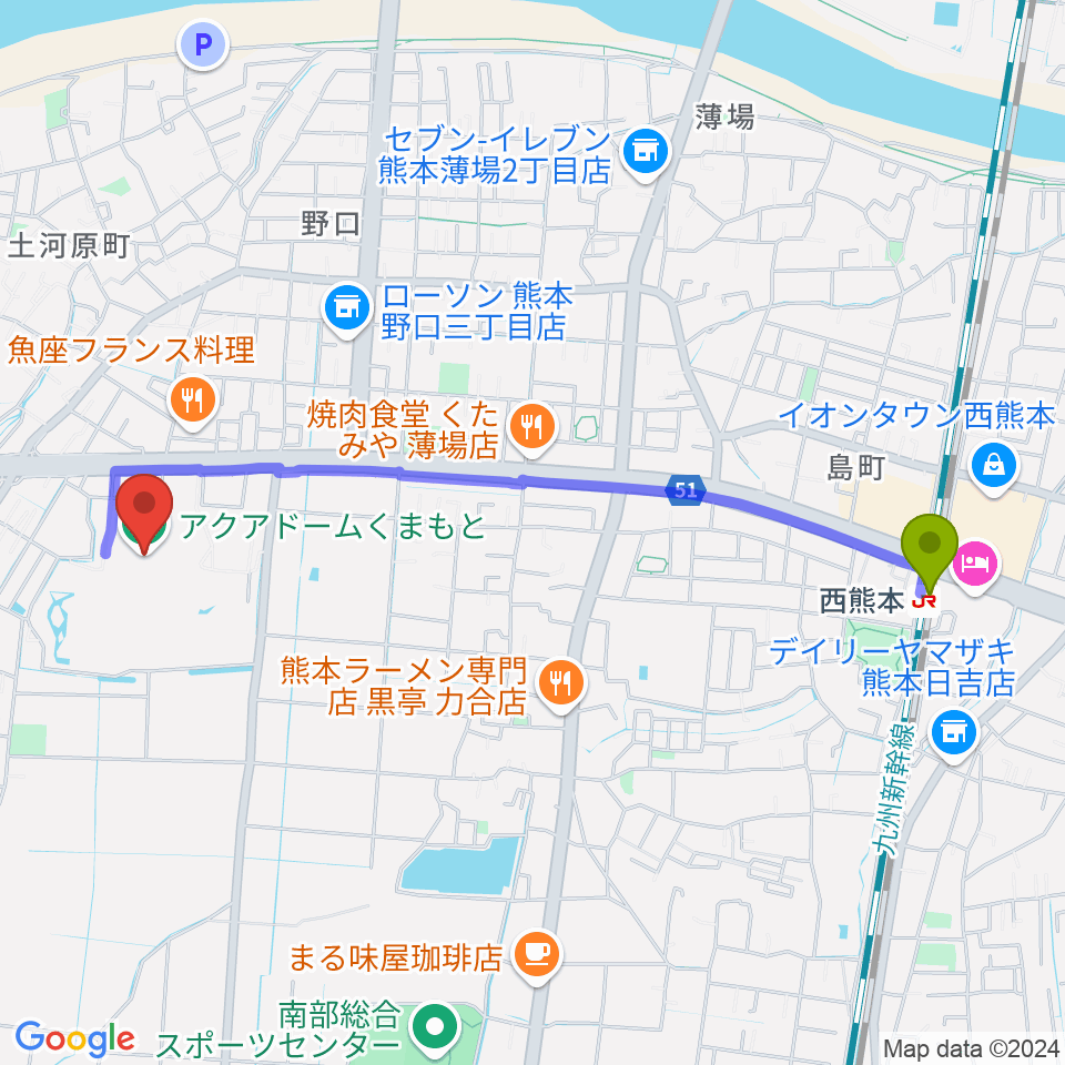 アクアドームくまもとの最寄駅西熊本駅からの徒歩ルート（約24分）地図