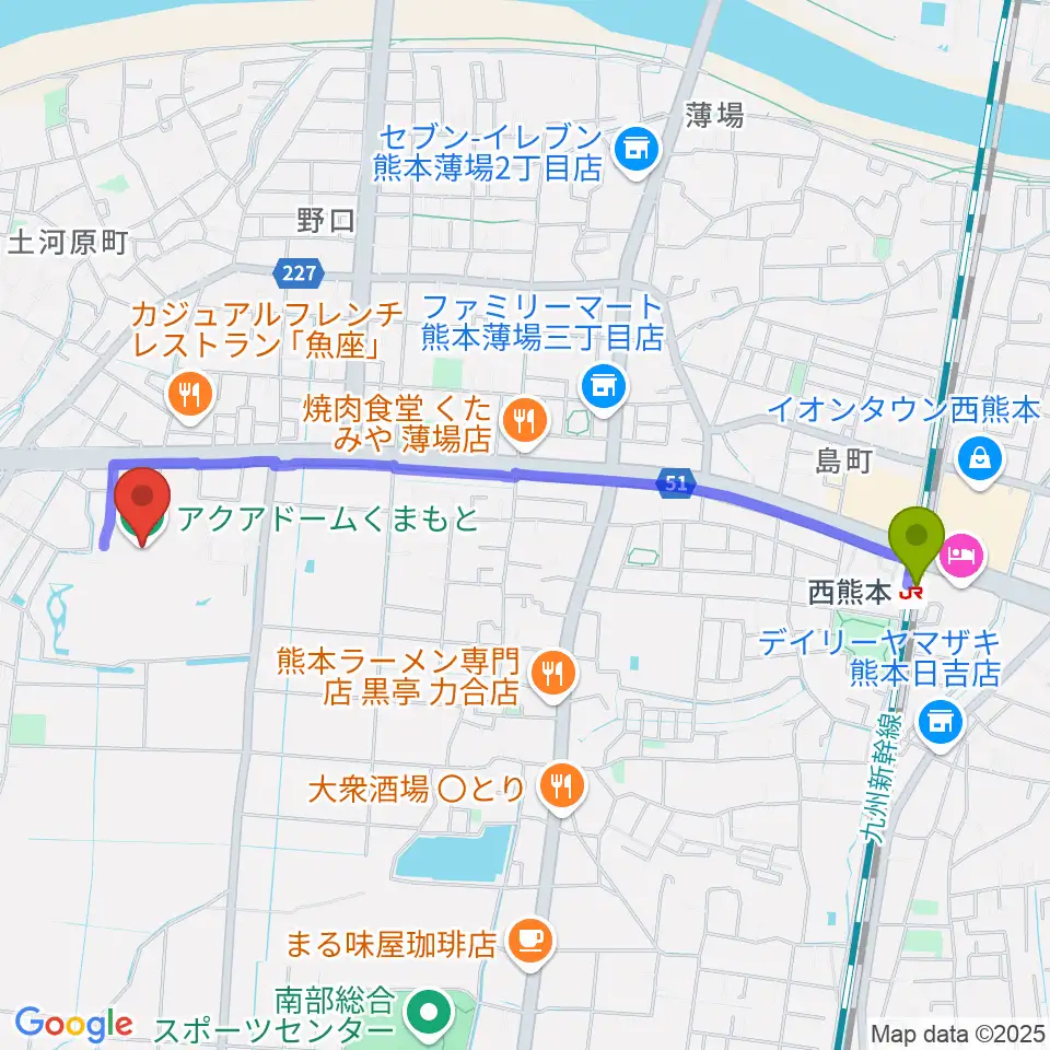 アクアドームくまもとの最寄駅西熊本駅からの徒歩ルート（約24分）地図