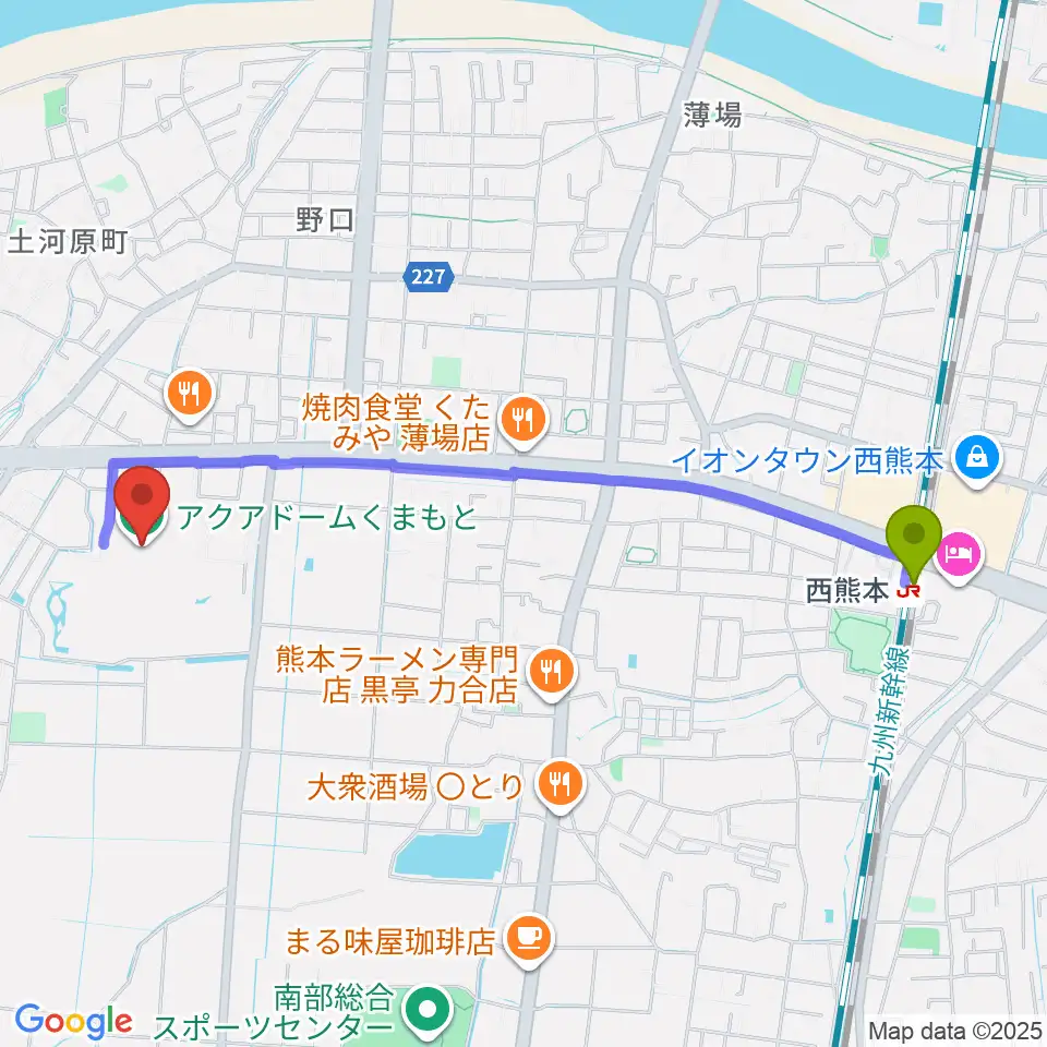 アクアドームくまもとの最寄駅西熊本駅からの徒歩ルート（約24分）地図