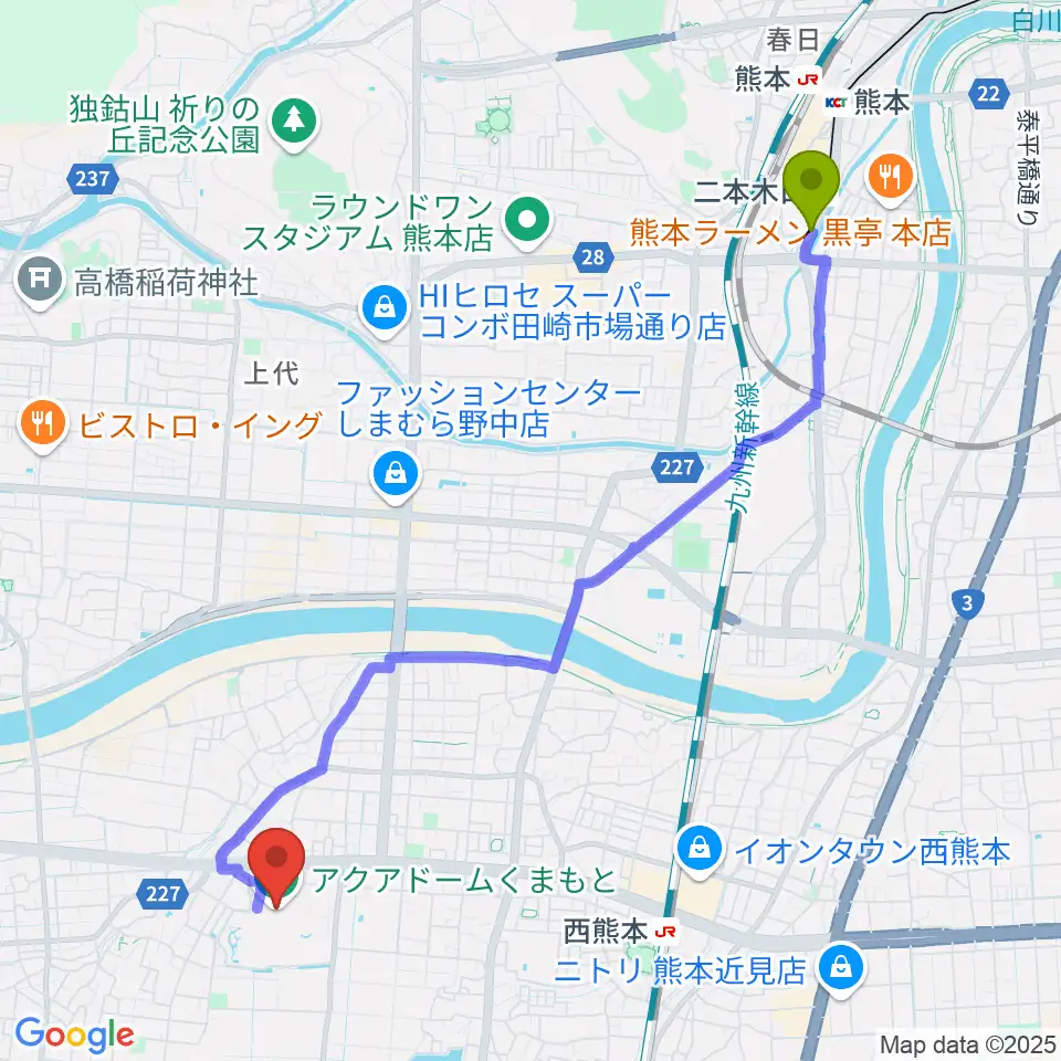 田崎橋駅からアクアドームくまもとへのルートマップ地図