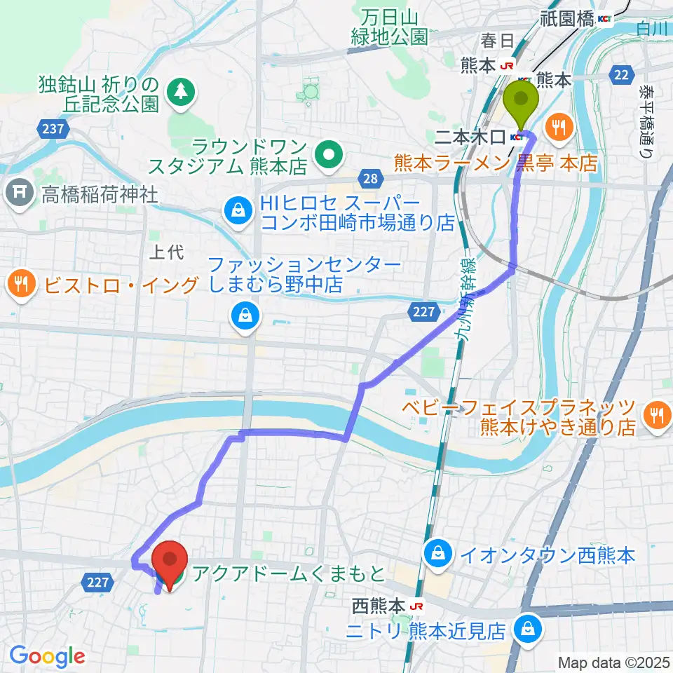 二本木口駅からアクアドームくまもとへのルートマップ地図