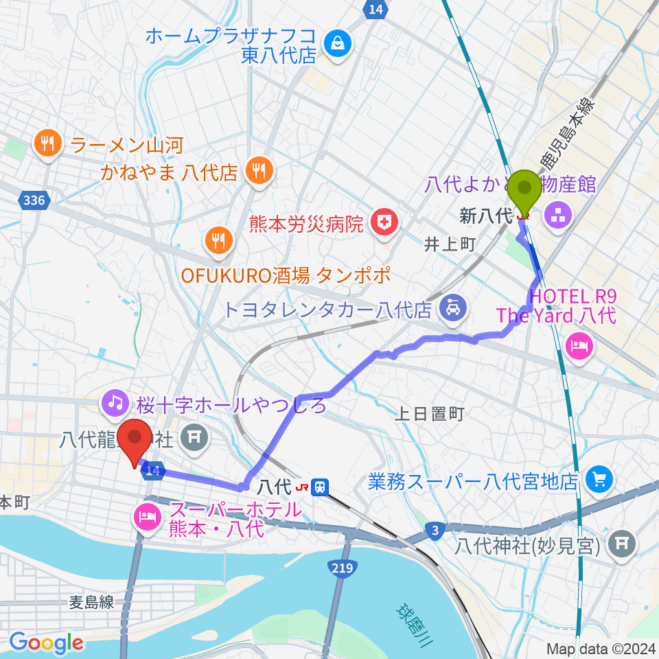 新八代駅から八代トヨオカ地建アリーナへのルートマップ地図