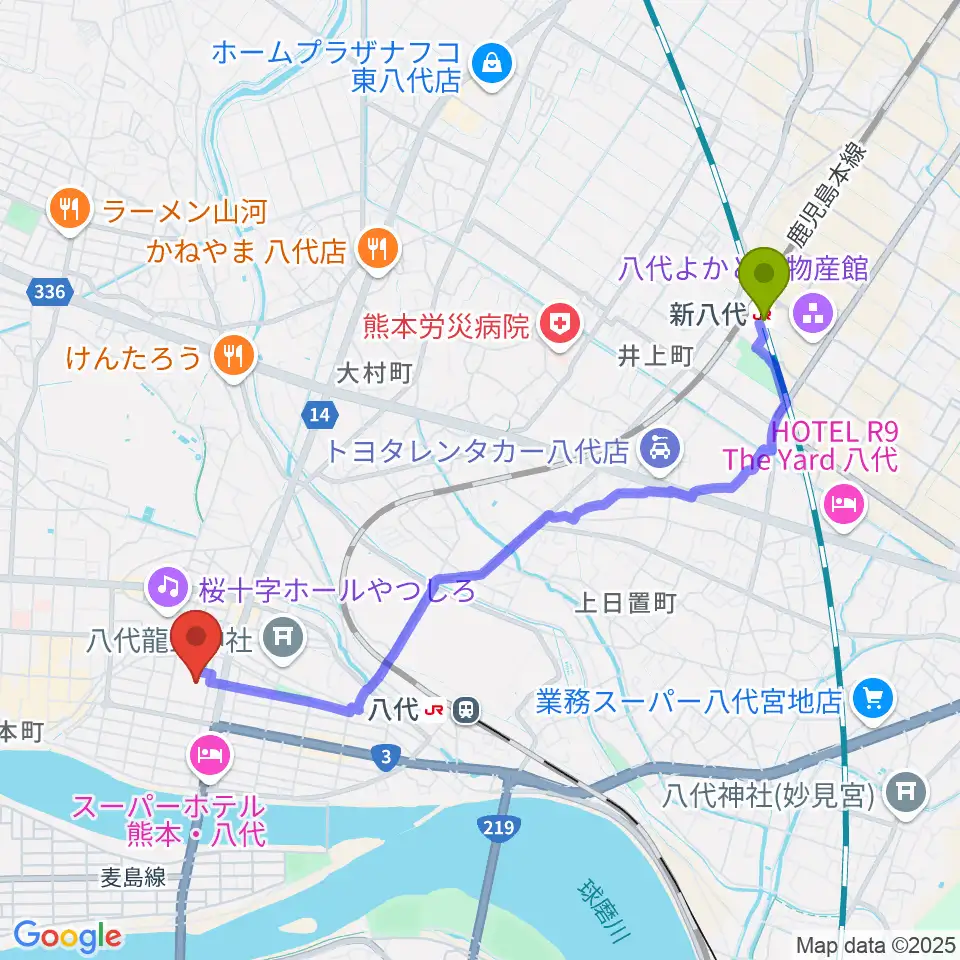 新八代駅から八代トヨオカ地建アリーナへのルートマップ地図