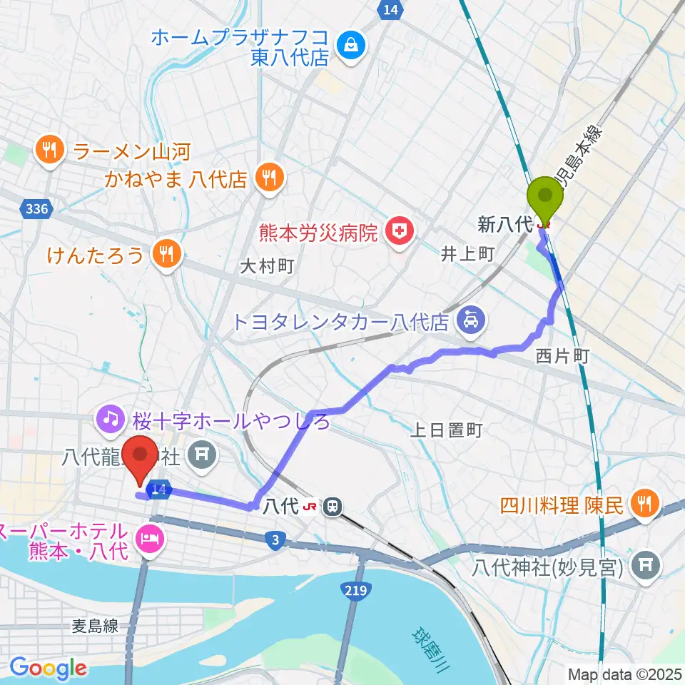 新八代駅から八代トヨオカ地建アリーナへのルートマップ地図
