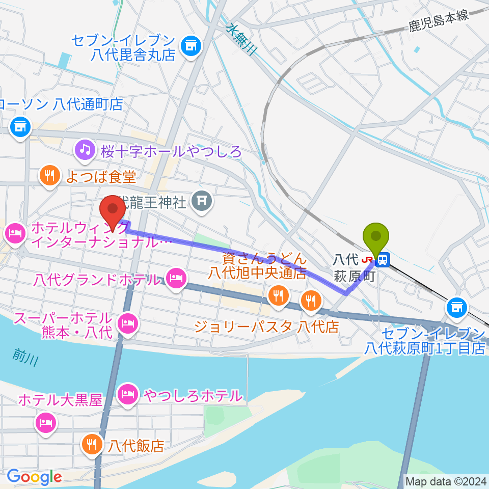 八代トヨオカ地建アリーナの最寄駅八代駅からの徒歩ルート（約17分）地図