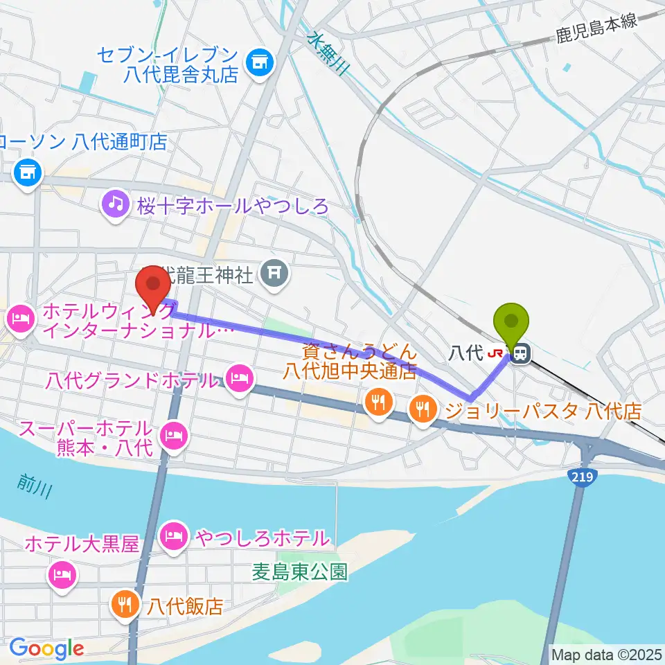 八代トヨオカ地建アリーナの最寄駅八代駅からの徒歩ルート（約17分）地図