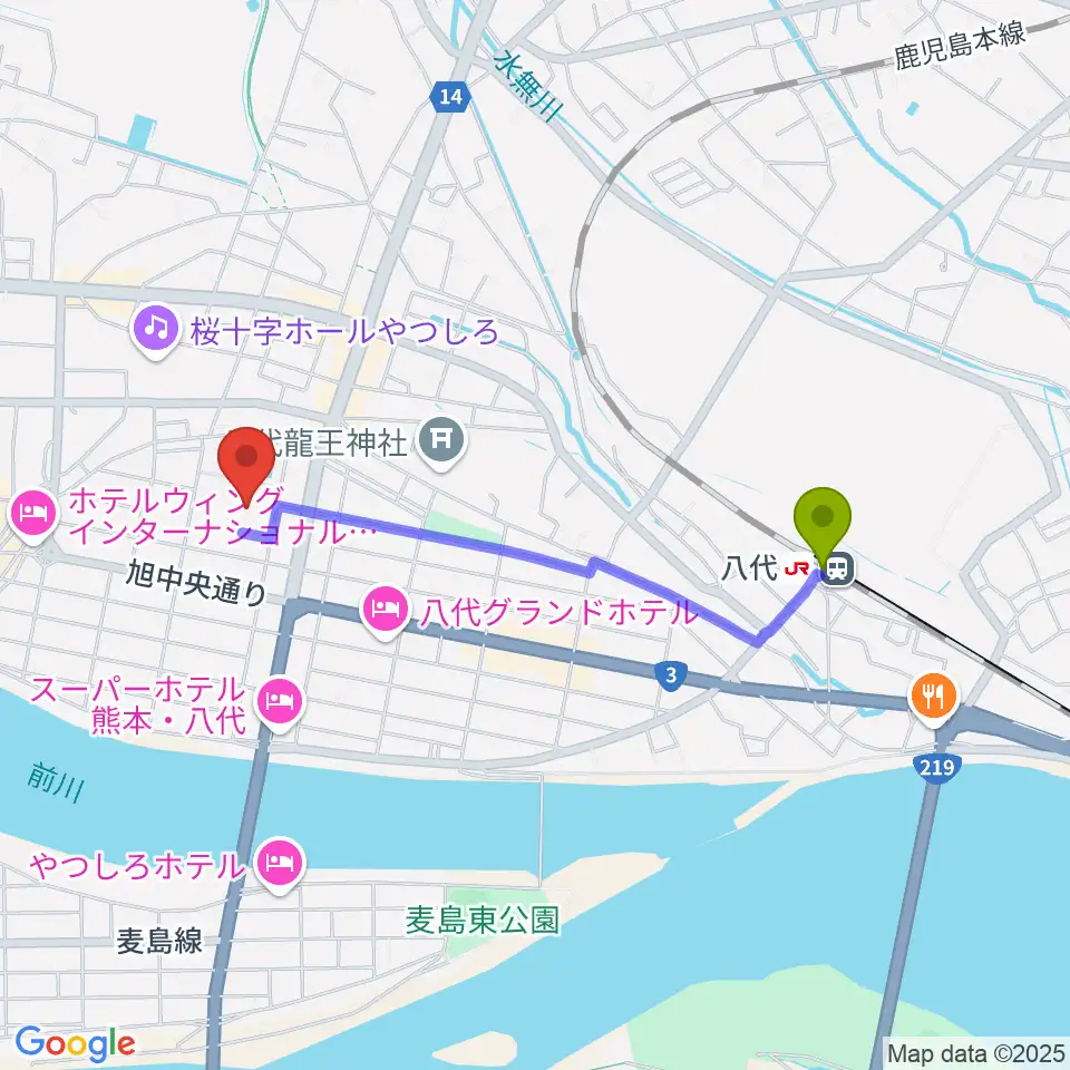 八代トヨオカ地建アリーナの最寄駅八代駅からの徒歩ルート（約17分）地図