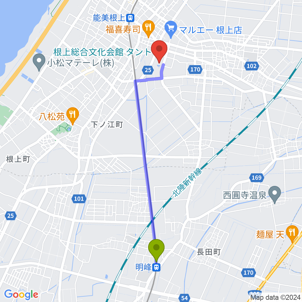 明峰駅から根上総合文化会館タントへのルートマップ地図
