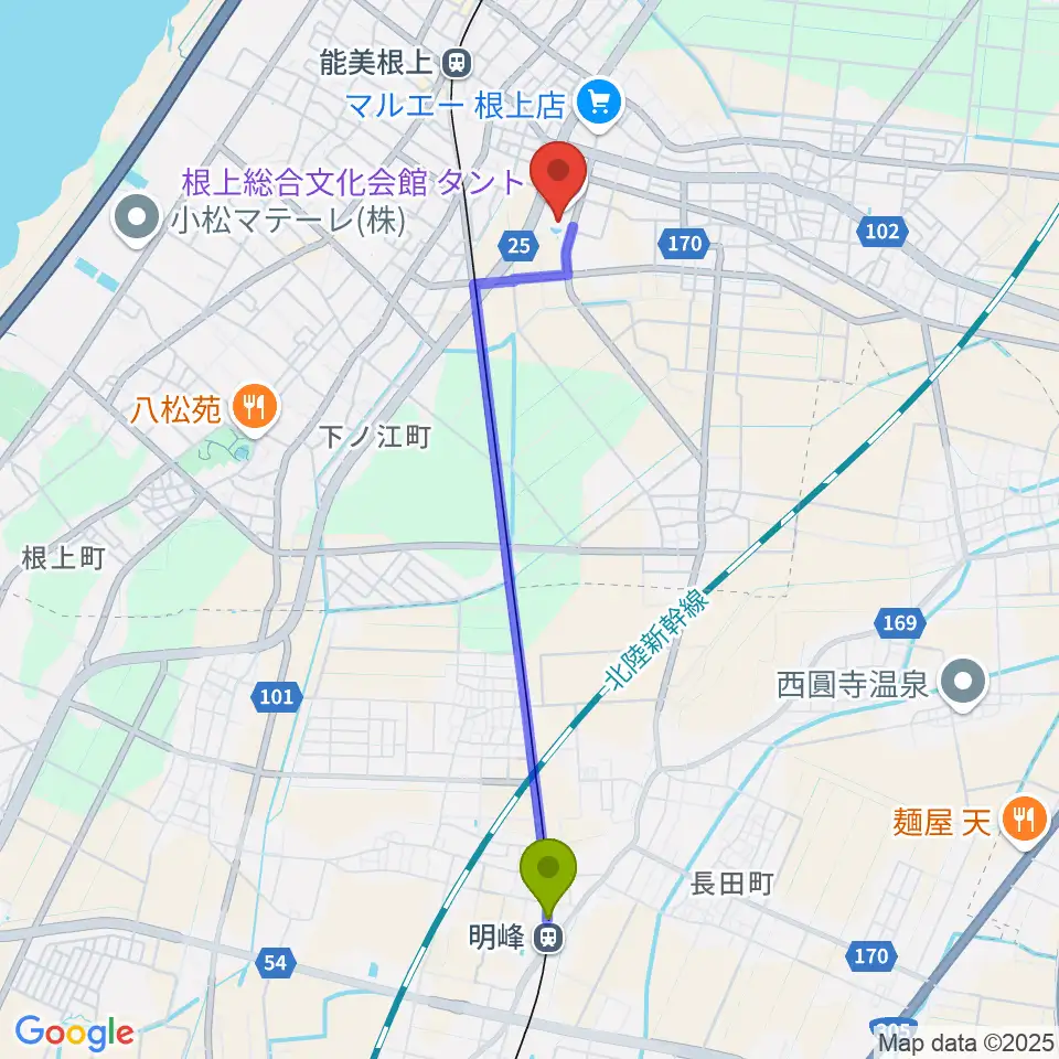 明峰駅から根上総合文化会館タントへのルートマップ地図