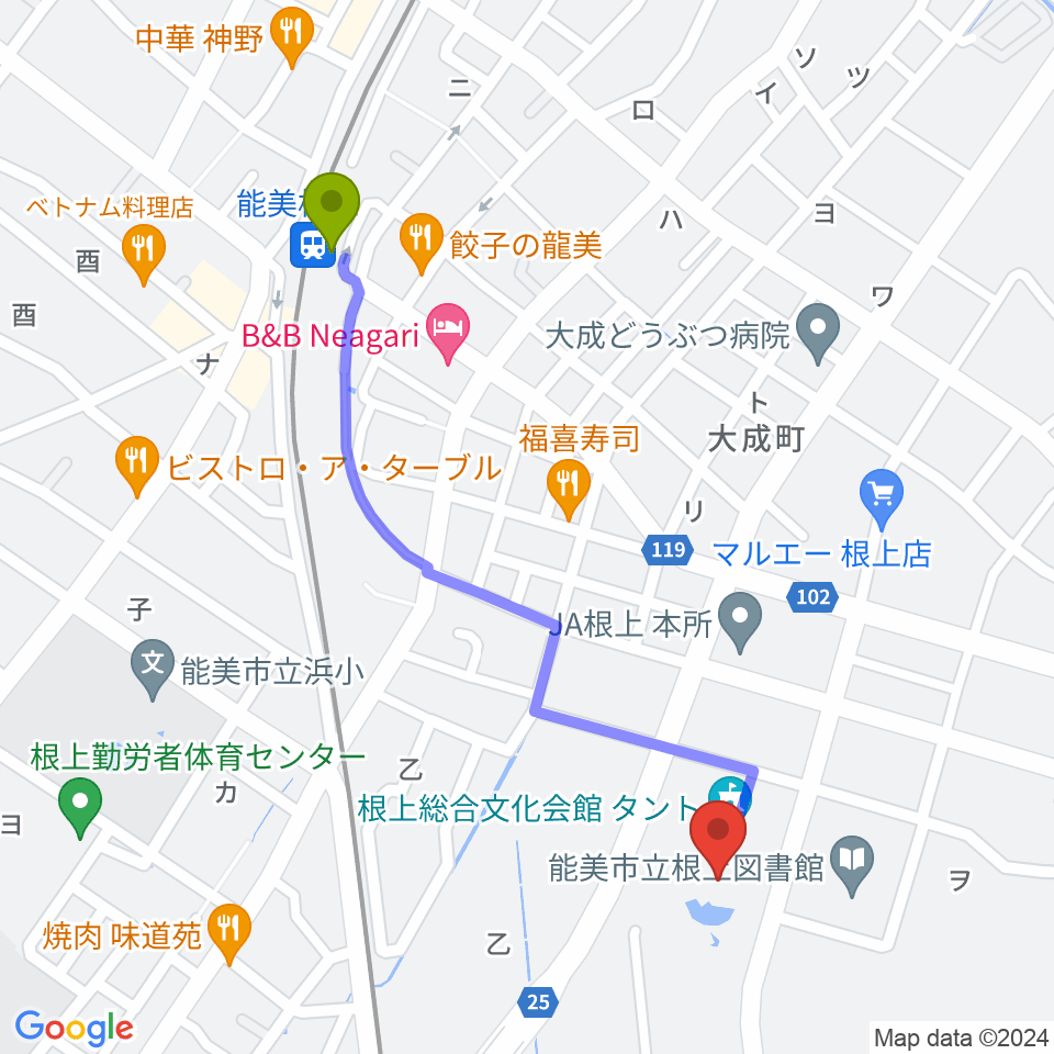 根上総合文化会館タントの最寄駅能美根上駅からの徒歩ルート（約11分）地図