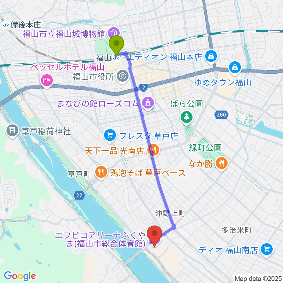 エフピコアリーナふくやまの最寄駅福山駅からの徒歩ルート（約43分）地図