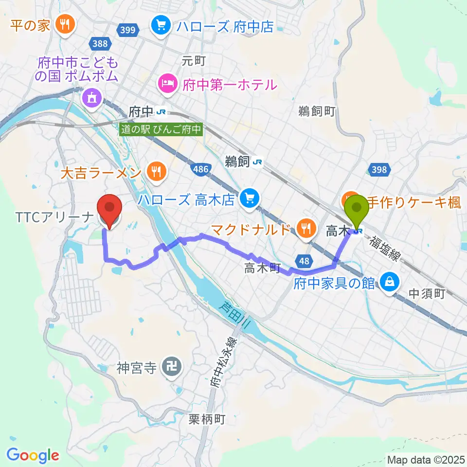 高木駅からTTCアリーナへのルートマップ地図