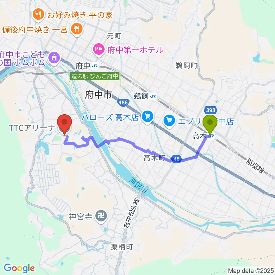 高木駅からTTCアリーナへのルートマップ地図
