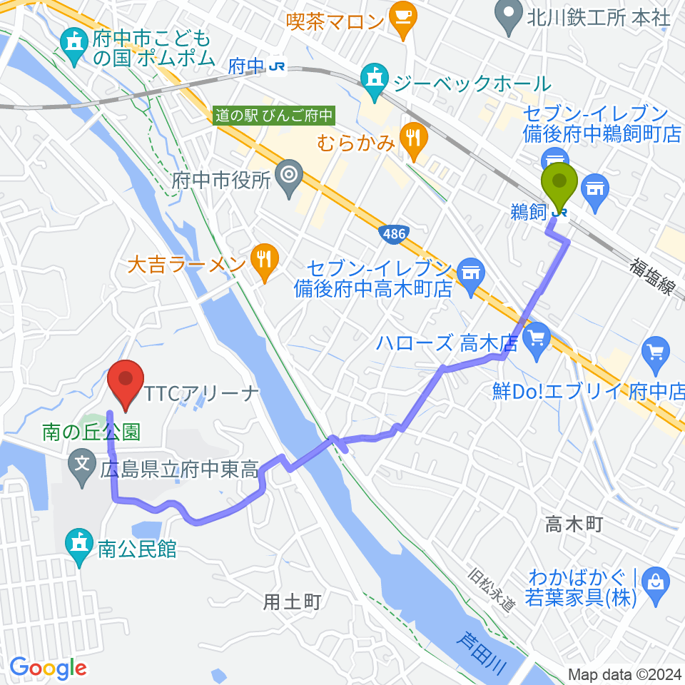 鵜飼駅からTTCアリーナへのルートマップ地図