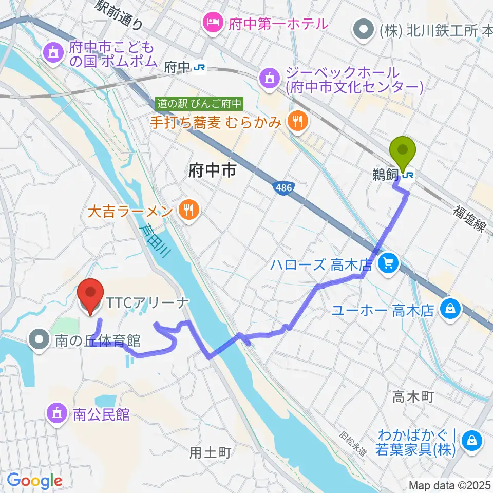 鵜飼駅からTTCアリーナへのルートマップ地図