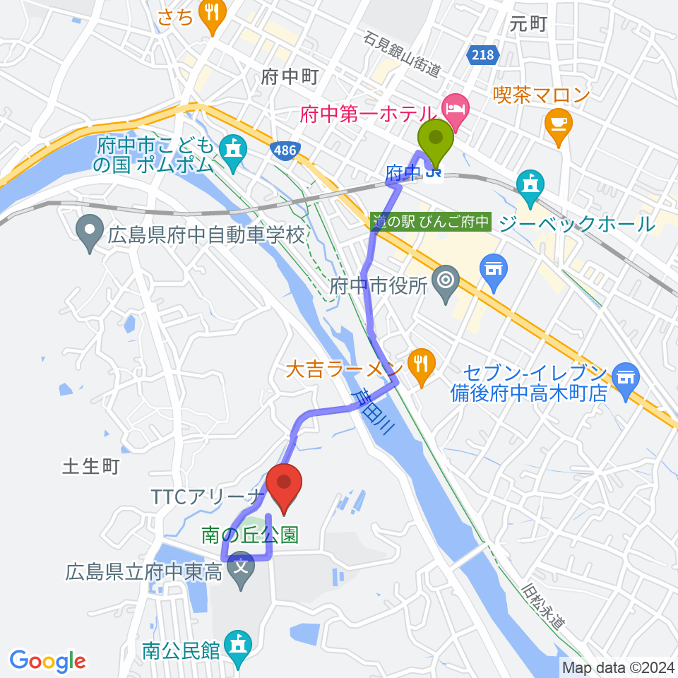 TTCアリーナの最寄駅府中駅からの徒歩ルート（約17分）地図