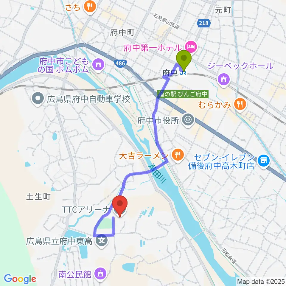 TTCアリーナの最寄駅府中駅からの徒歩ルート（約17分）地図