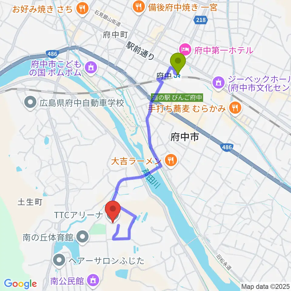 TTCアリーナの最寄駅府中駅からの徒歩ルート（約17分）地図