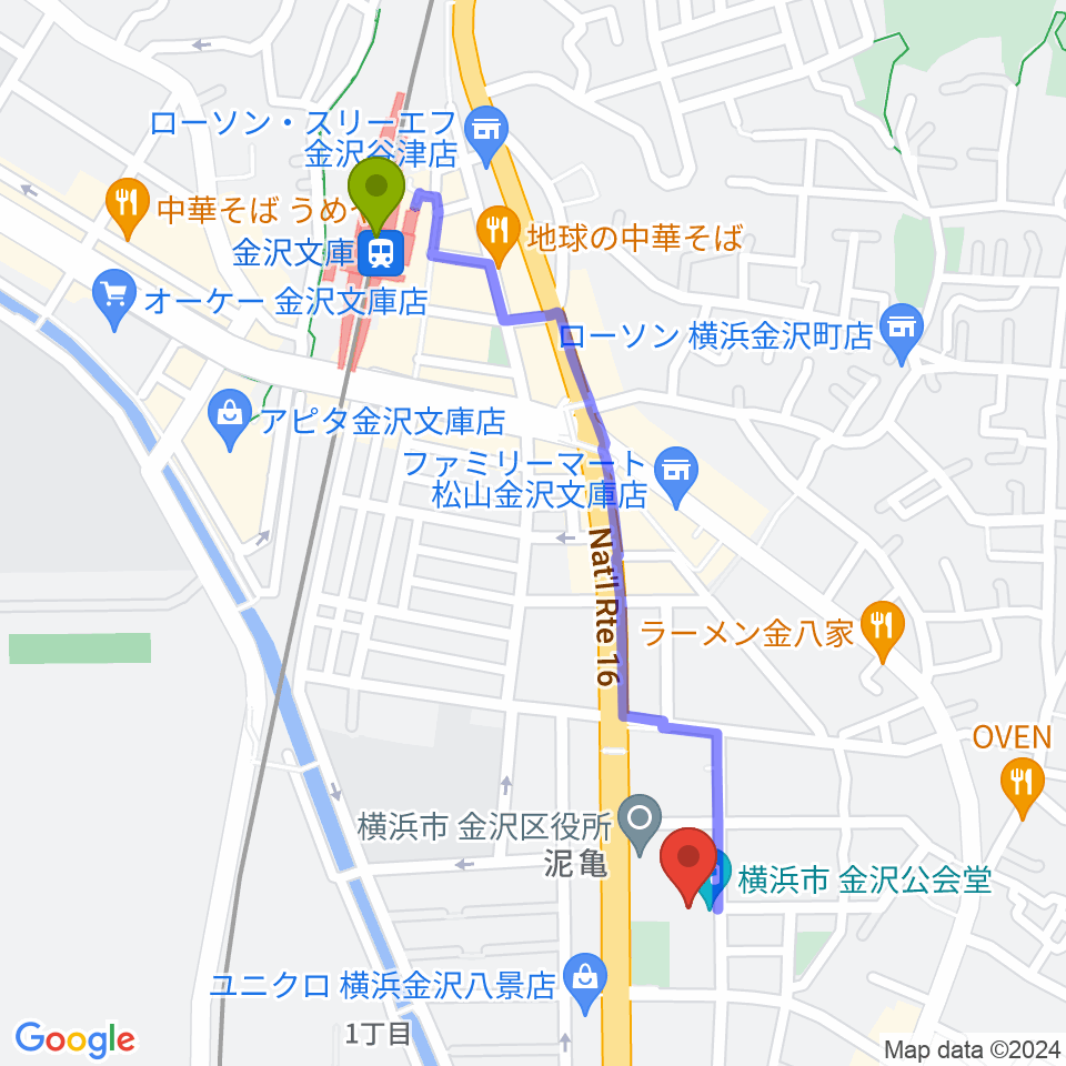 横浜市金沢公会堂の最寄駅金沢文庫駅からの徒歩ルート（約11分）地図