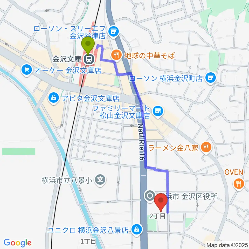 横浜市金沢公会堂の最寄駅金沢文庫駅からの徒歩ルート（約11分）地図