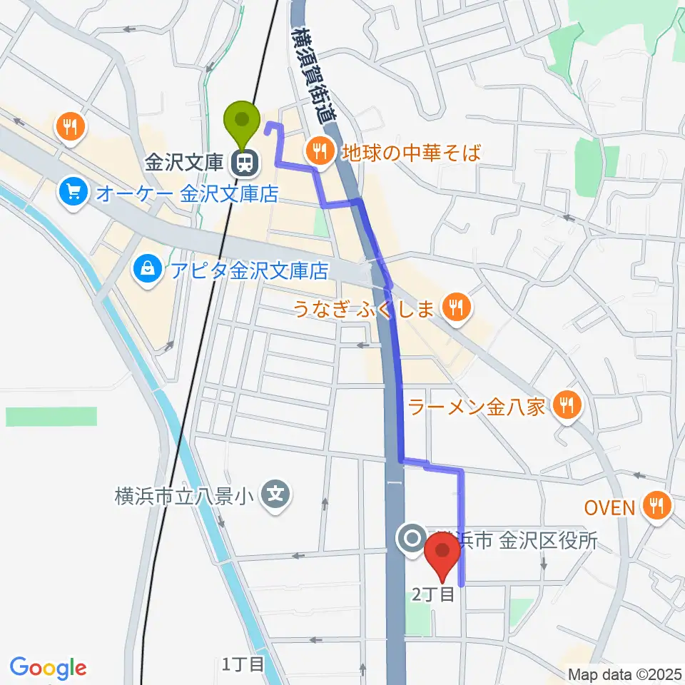 横浜市金沢公会堂の最寄駅金沢文庫駅からの徒歩ルート（約11分）地図