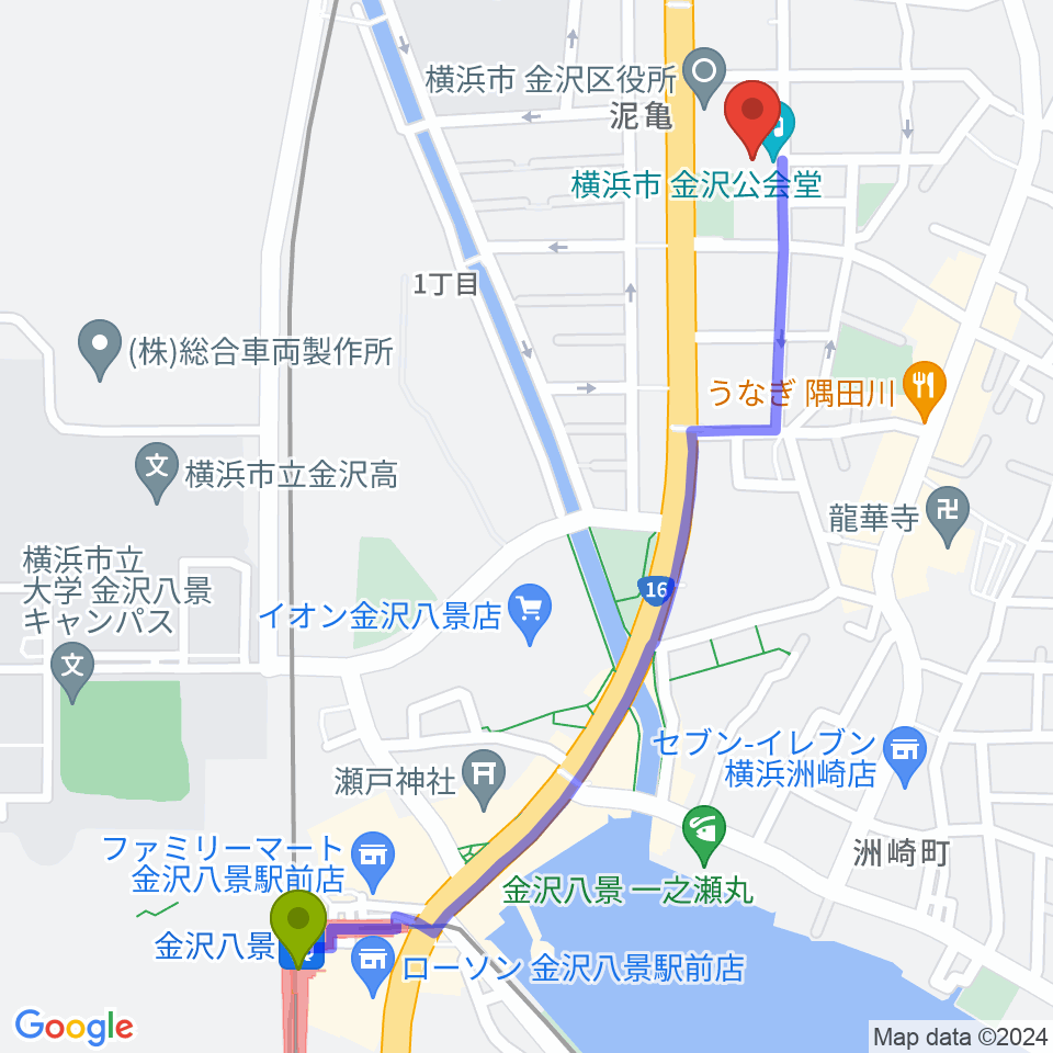 金沢八景駅から横浜市金沢公会堂へのルートマップ地図