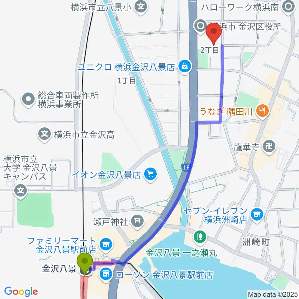 金沢八景駅から横浜市金沢公会堂へのルートマップ地図