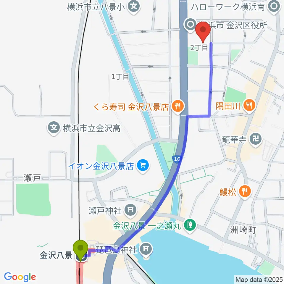 金沢八景駅から横浜市金沢公会堂へのルートマップ地図