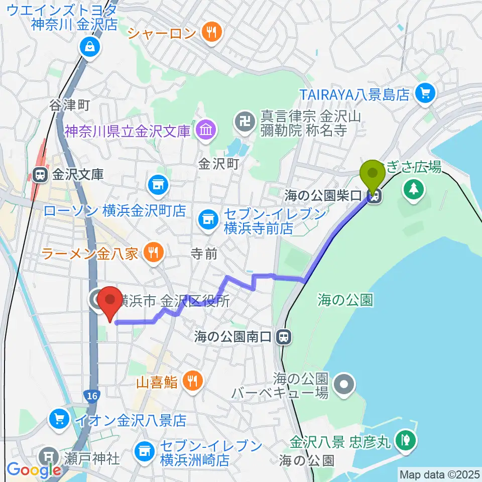 海の公園柴口駅から横浜市金沢公会堂へのルートマップ地図