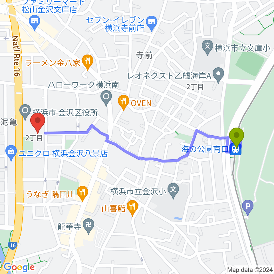 海の公園南口駅から横浜市金沢公会堂へのルートマップ地図