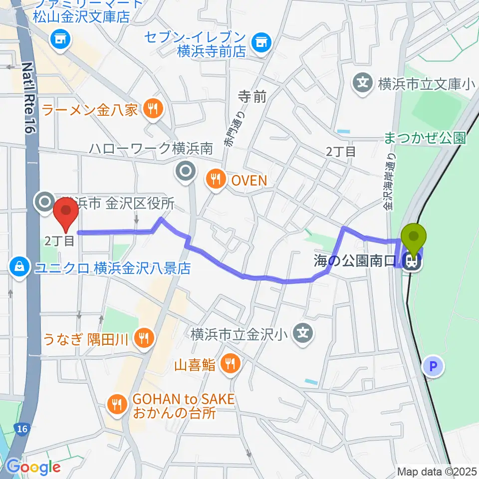 海の公園南口駅から横浜市金沢公会堂へのルートマップ地図