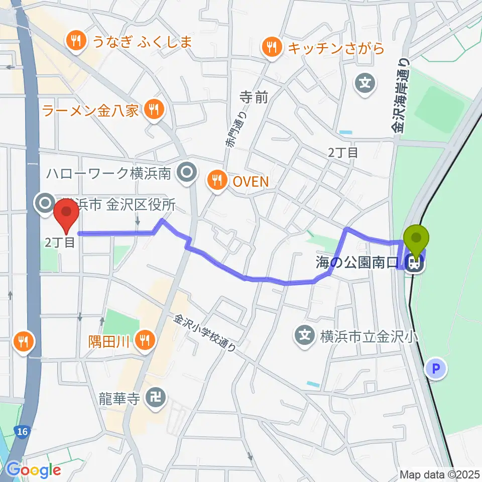 海の公園南口駅から横浜市金沢公会堂へのルートマップ地図
