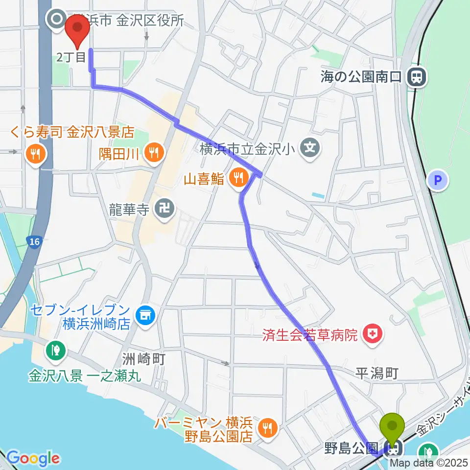 野島公園駅から横浜市金沢公会堂へのルートマップ地図
