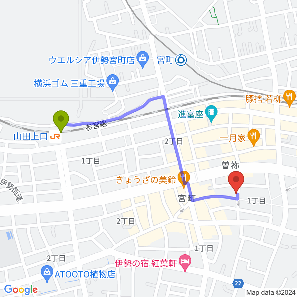 山田上口駅から伊勢BARRETへのルートマップ地図