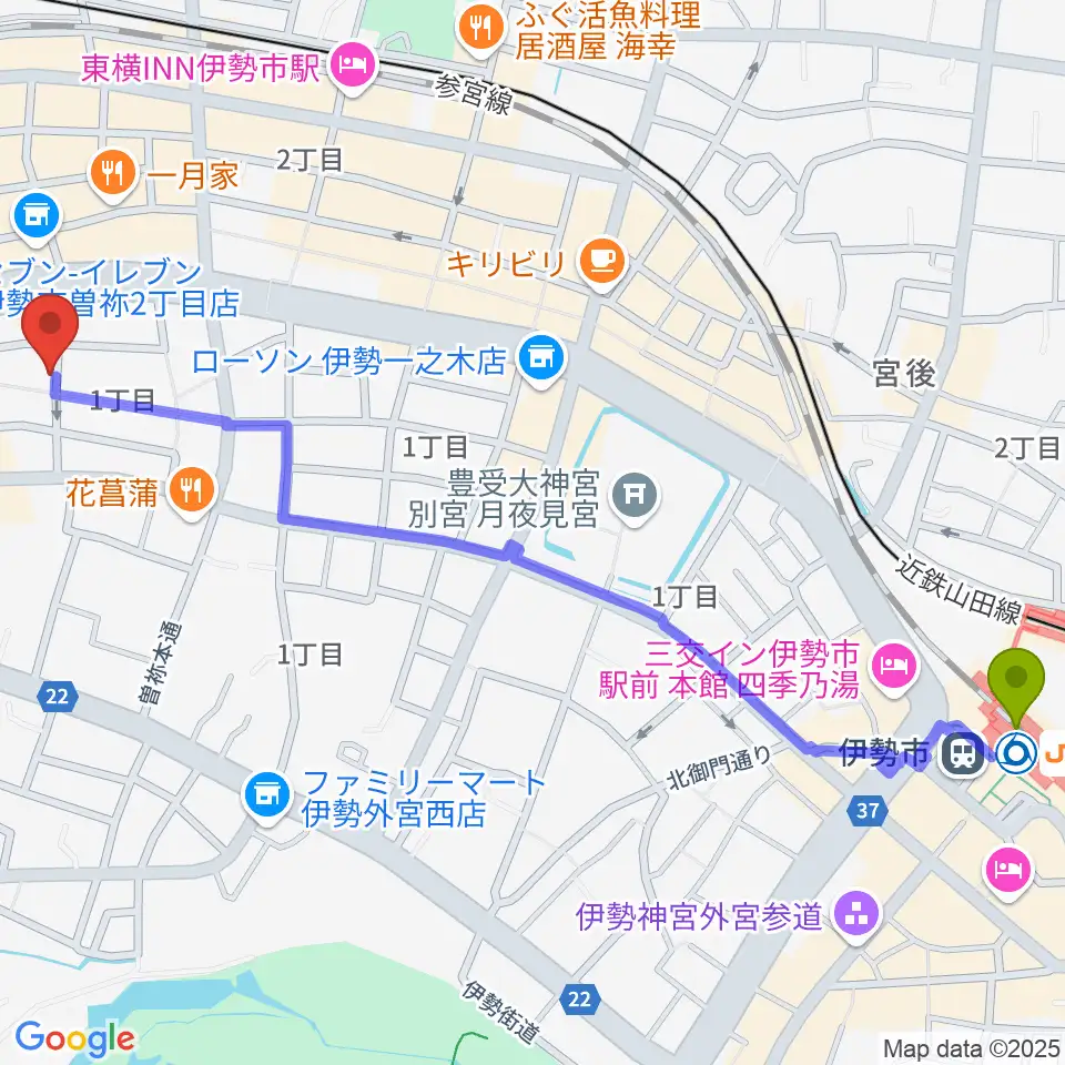 伊勢市駅から伊勢BARRETへのルートマップ地図