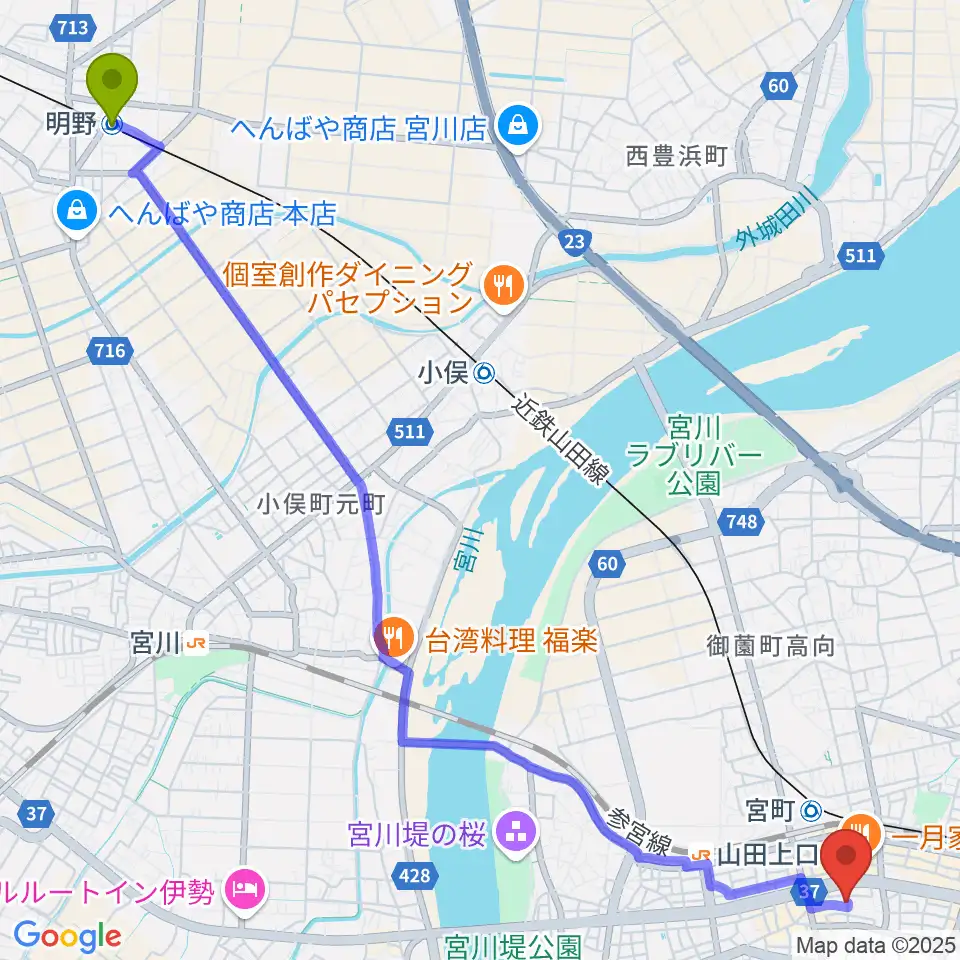 明野駅から伊勢BARRETへのルートマップ地図