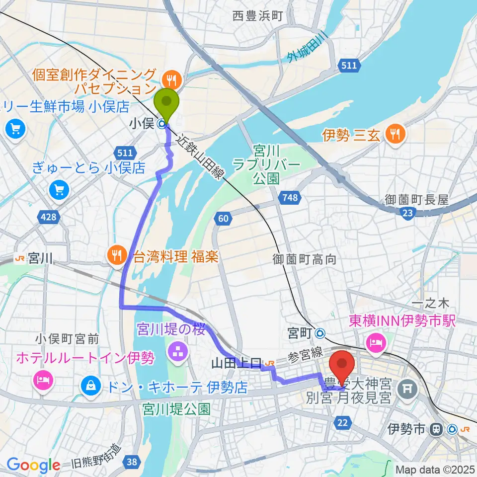 小俣駅から伊勢BARRETへのルートマップ地図