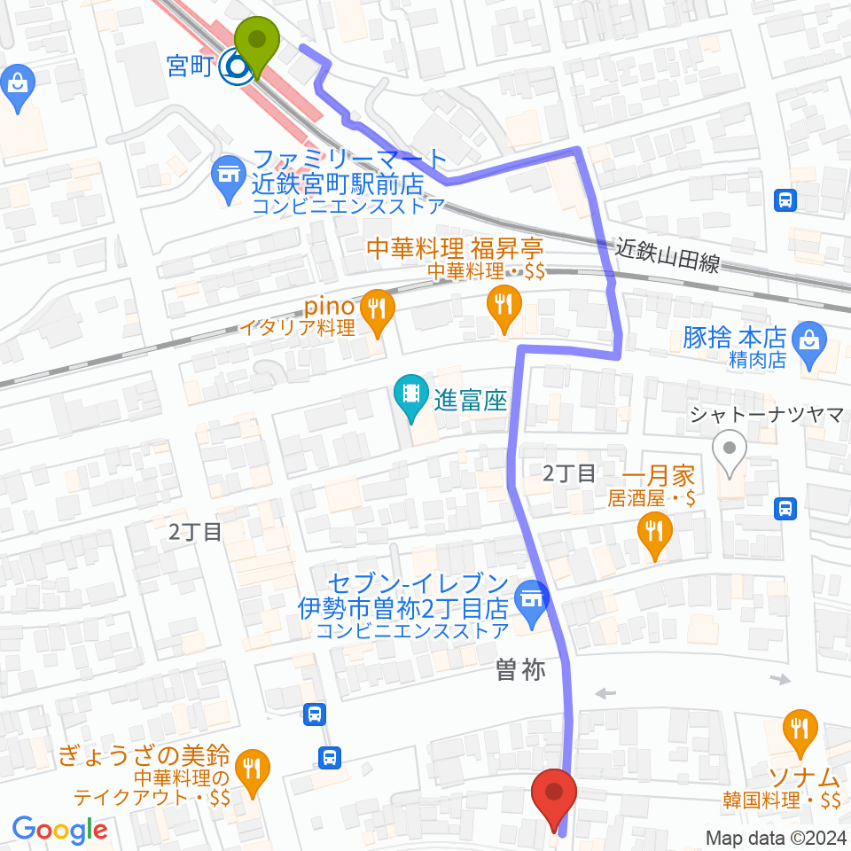 伊勢BARRETの最寄駅宮町駅からの徒歩ルート（約7分）地図