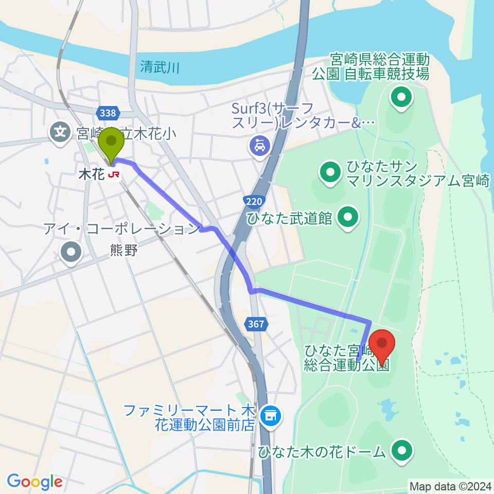 木花駅からひなた陸上競技場へのルートマップ地図