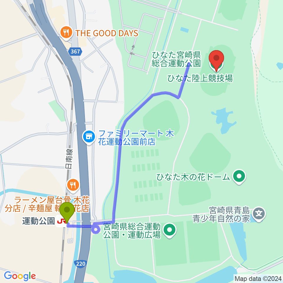 ひなた陸上競技場の最寄駅運動公園駅からの徒歩ルート（約12分）地図