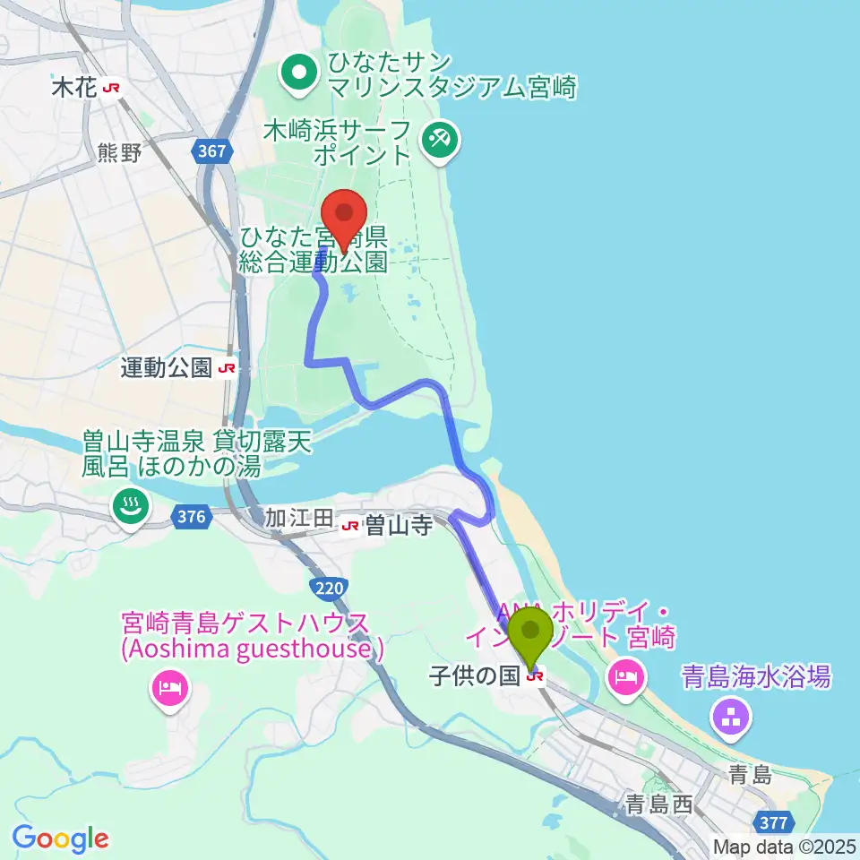 子供の国駅からひなた陸上競技場へのルートマップ地図