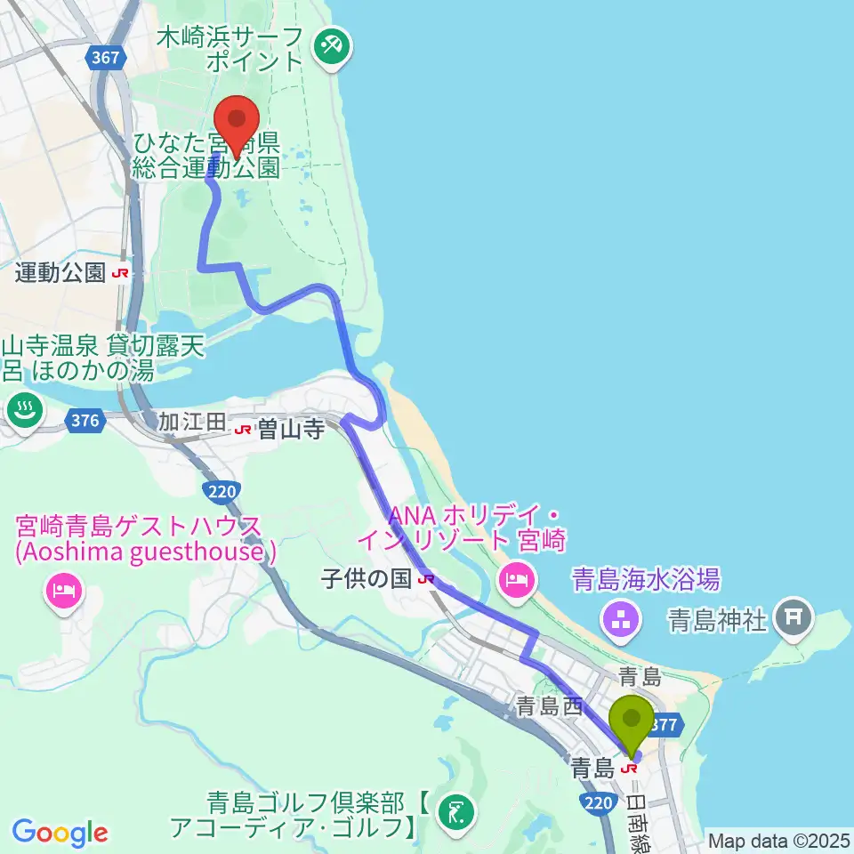 青島駅からひなた陸上競技場へのルートマップ地図