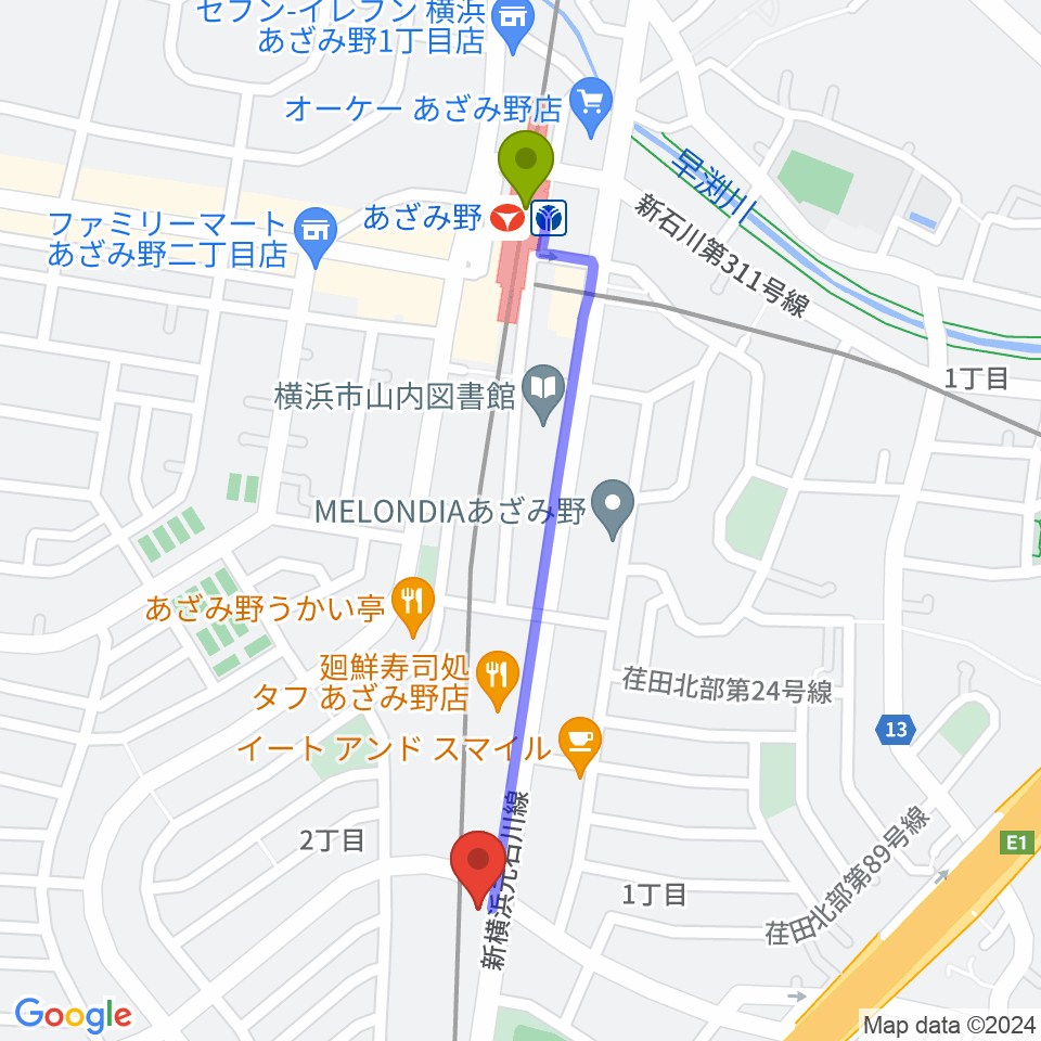 あざみ野駅からsound studio U-Beへのルートマップ地図