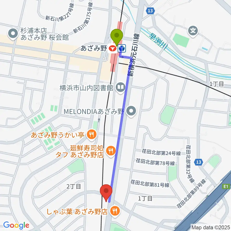 あざみ野駅からsound studio U-Beへのルートマップ地図