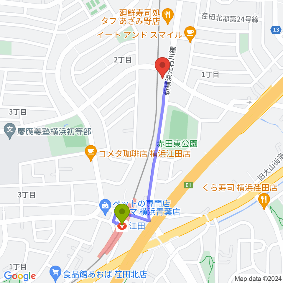 sound studio U-Beの最寄駅江田駅からの徒歩ルート（約8分）地図