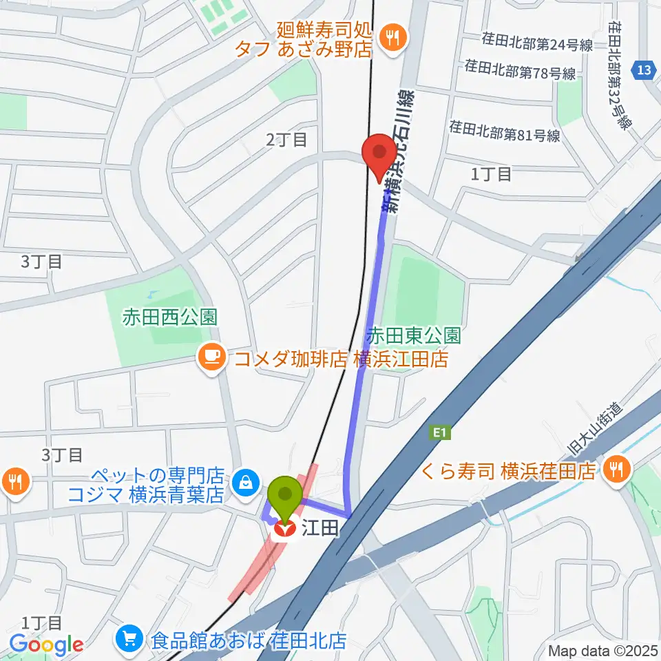 sound studio U-Beの最寄駅江田駅からの徒歩ルート（約8分）地図